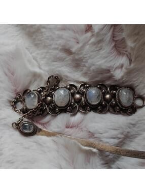 GORGEOUS Art Nouveau Ornate Moonstone Hair Barrette 925 Sterling Silver